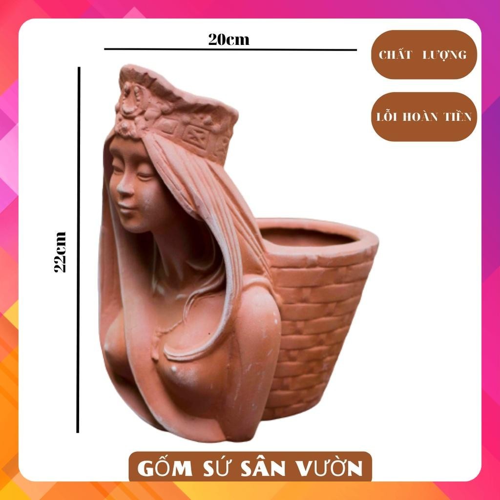 Chậu Gốm Đất Nung Hình Sơn Nữ Đeo Giỏ - Gốm Sứ Sân Vườn