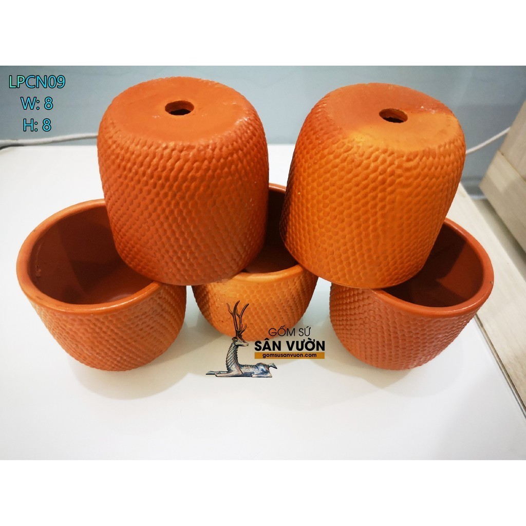 Chậu Gốm Đất Nung Dáng Trụ Tròn Vân Gạch - Gốm Sứ Sân Vườn - Trồng Sen Đá, Xương Rồng