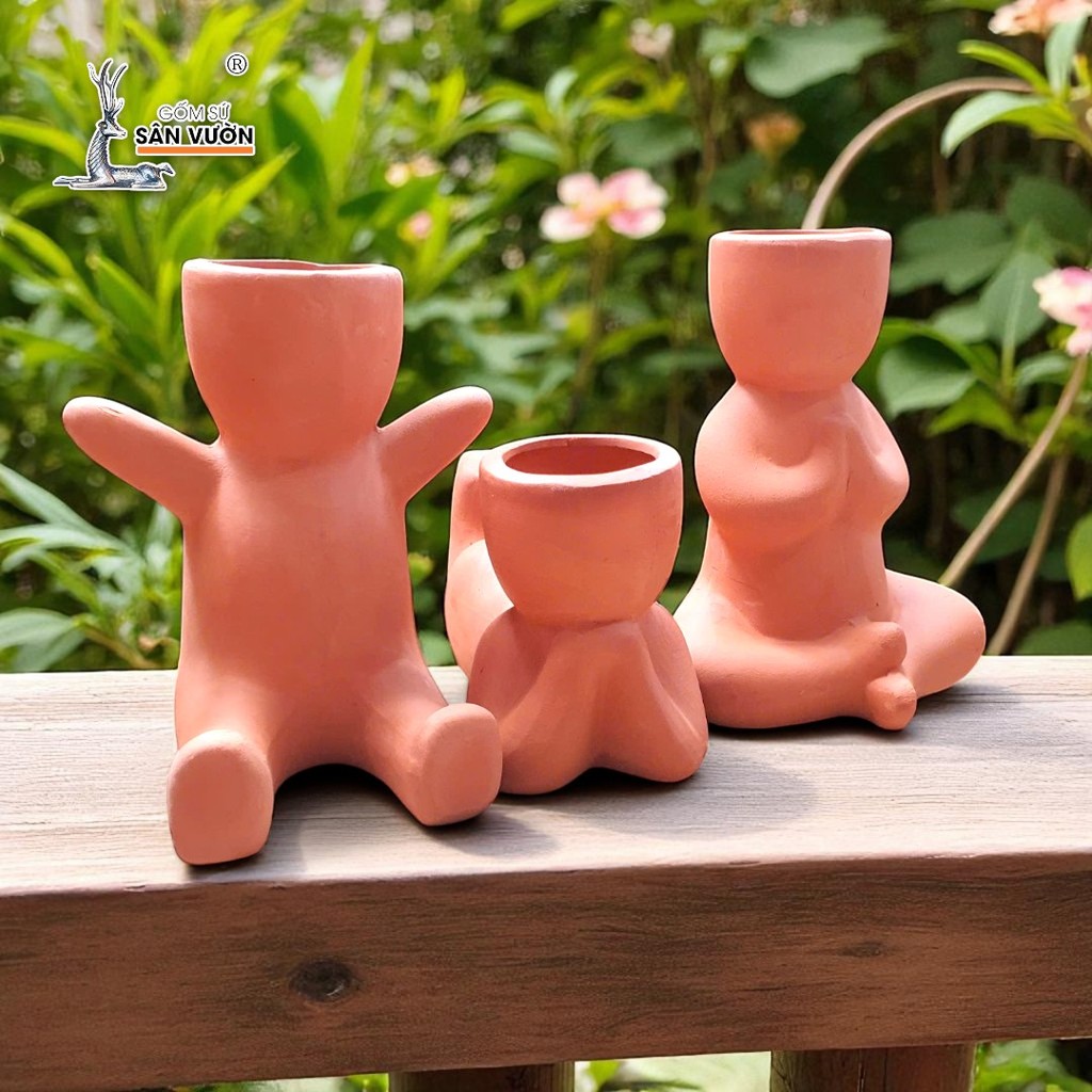 Chậu Gốm Đất Nung Mini Hình Người Ngồi Dễ Thương - Gốm Sứ Sân Vườn