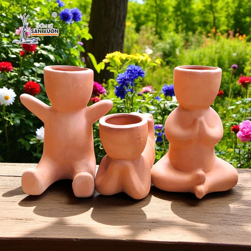 Chậu Gốm Đất Nung Mini Hình Người Ngồi Dễ Thương - Gốm Sứ Sân Vườn