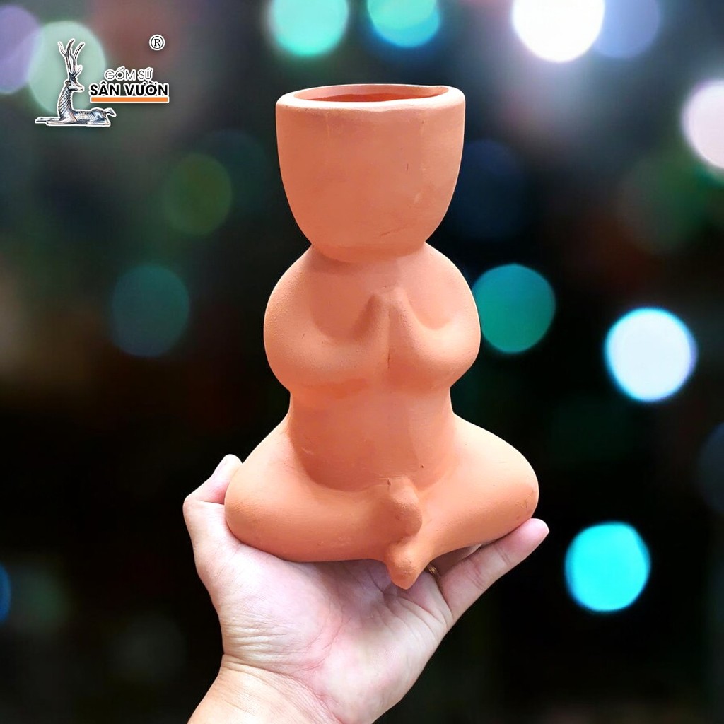 Chậu Gốm Đất Nung Mini Hình Người Ngồi Dễ Thương - Gốm Sứ Sân Vườn