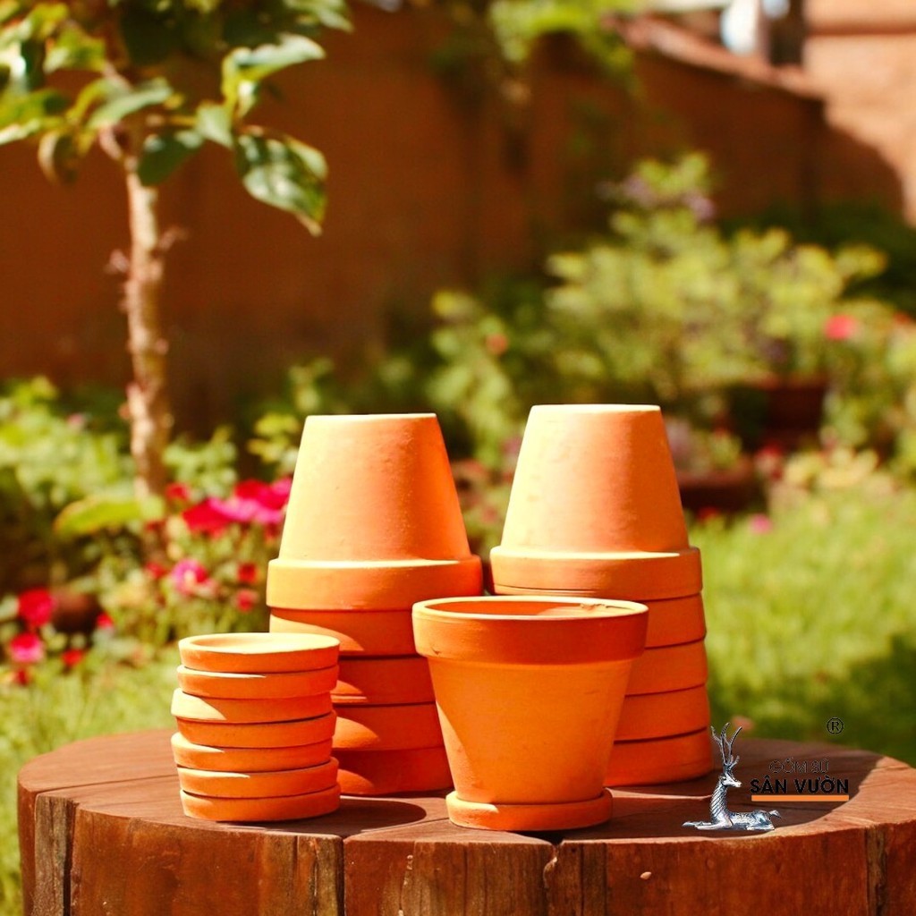 Combo 10 Chậu Gốm Đất Nung Ly Gờ Cao (Size Nhỏ) + Đĩa Lót - Gốm Sứ Sân Vườn