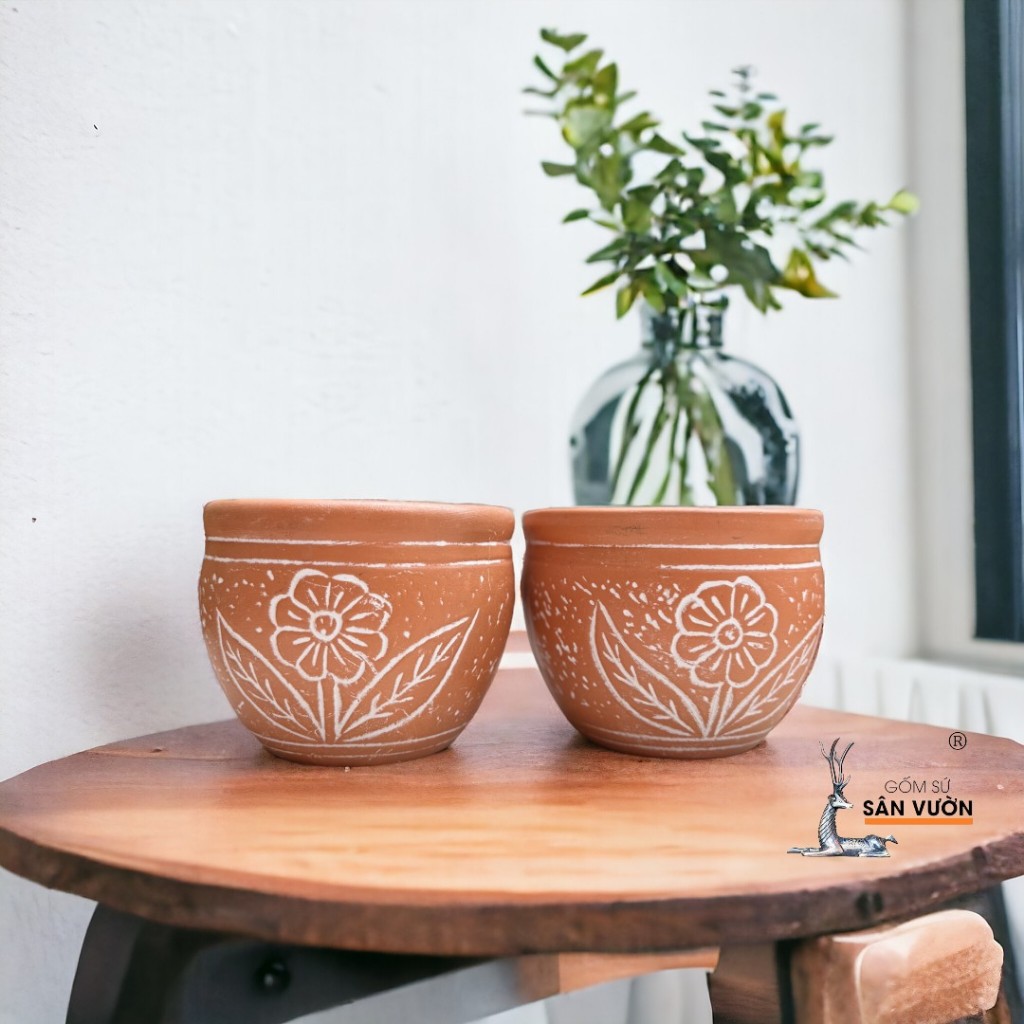 Chậu Gốm Đất Nung Trồng Cây Dáng Chum Vân Hoa - Gốm Sứ Sân Vườn