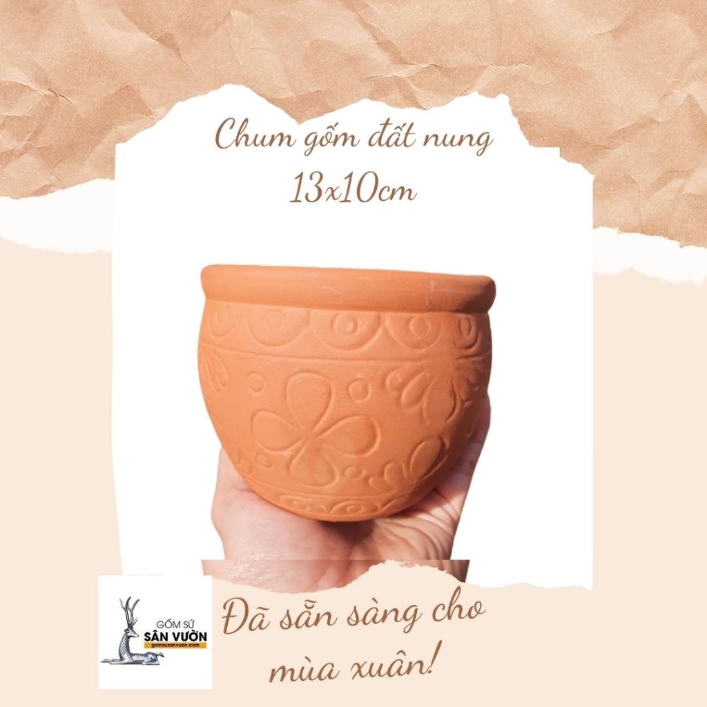Chậu Gốm Đất Nung Trồng Cây Dáng Chum Vân Hoa - Gốm Sứ Sân Vườn