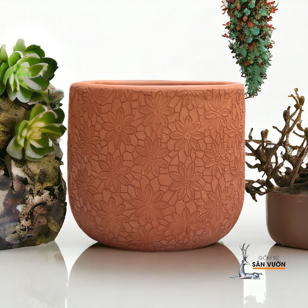 Chậu Gốm Đất Nung Dáng Nồi Vân Hoa Cúc - Gốm Sứ Sân Vườn
