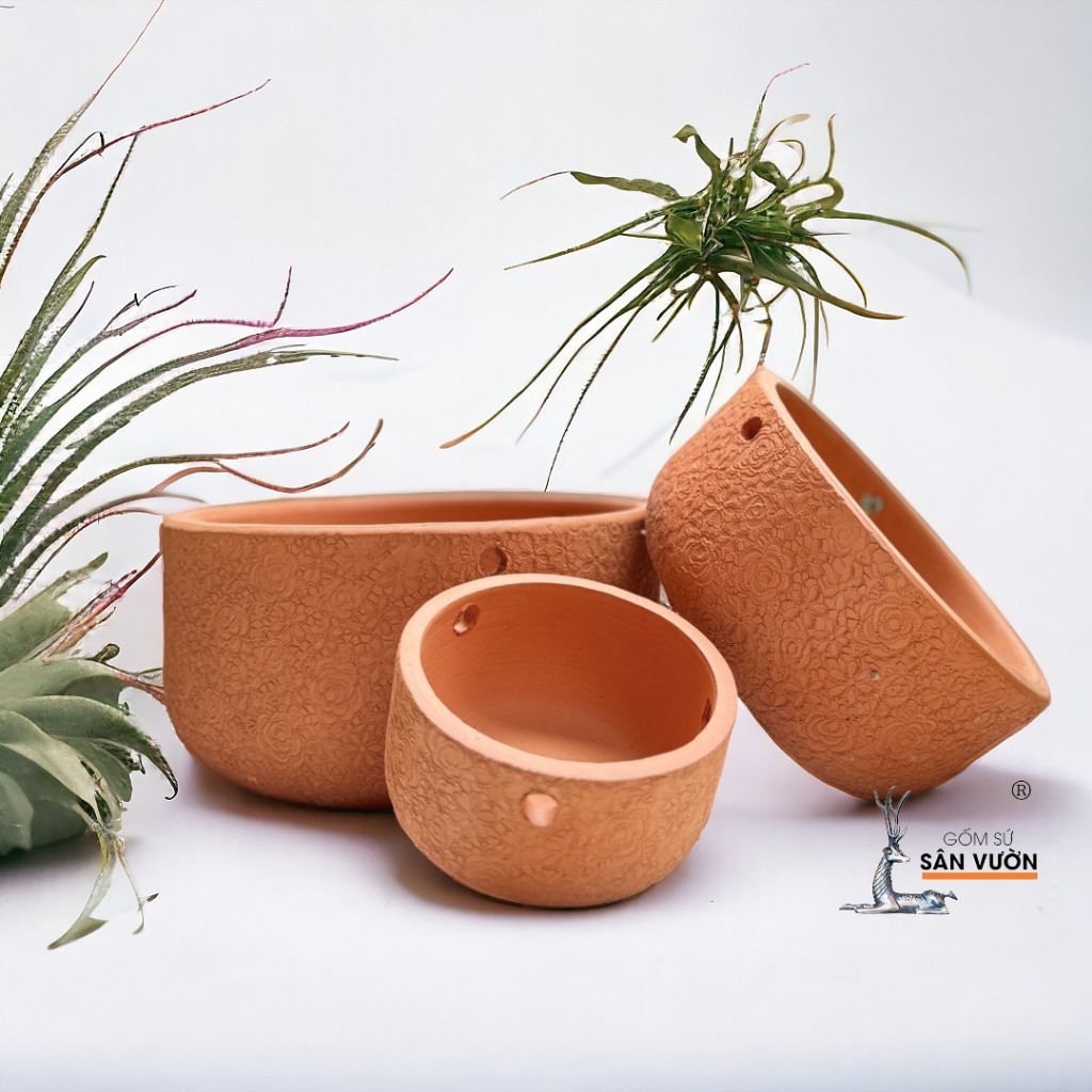 Chậu Treo Dây Gốm Đất Nung Vân Hoa Hồng - Gốm Sứ Sân Vườn