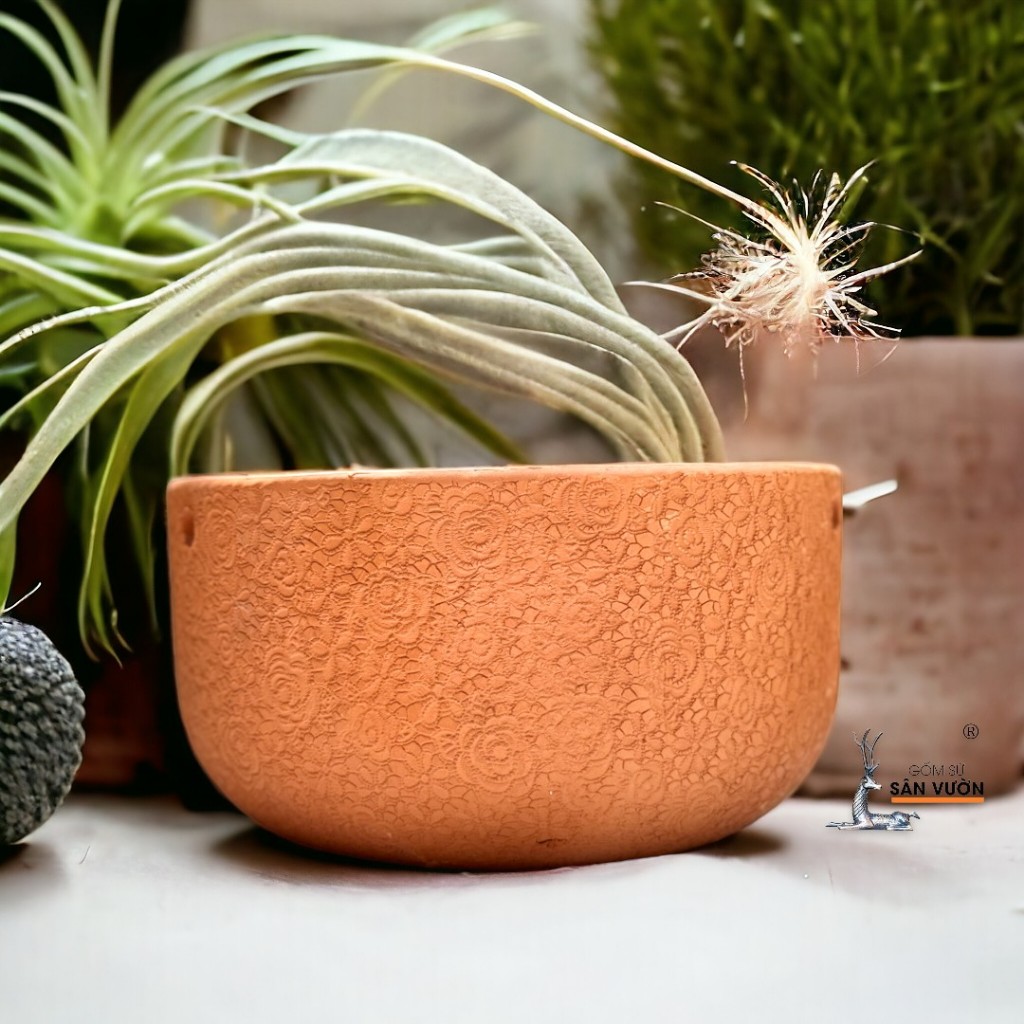 Chậu Treo Dây Gốm Đất Nung Vân Hoa Hồng - Gốm Sứ Sân Vườn