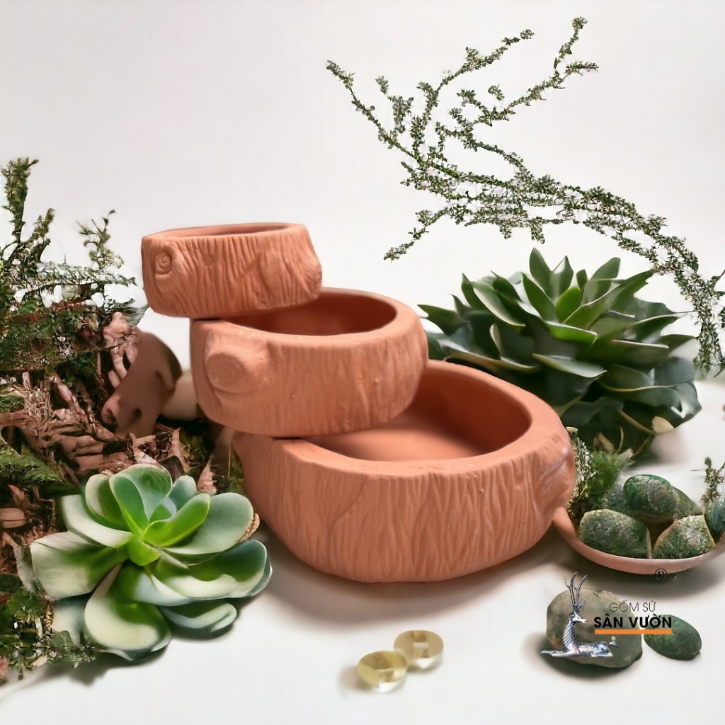 Chậu Gốm Đất Nung Hình Gốc Cây Thấp - Gốm Sứ Sân Vườn