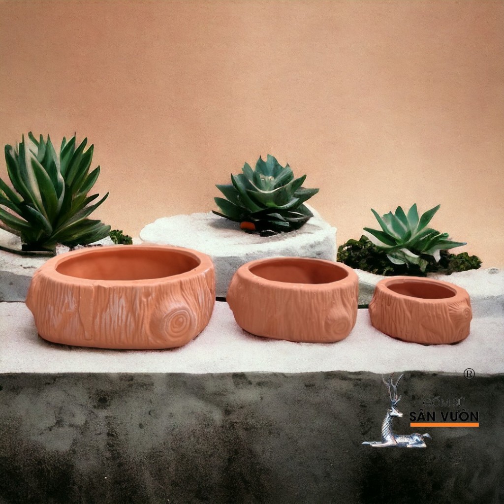 Chậu Gốm Đất Nung Hình Gốc Cây Thấp - Gốm Sứ Sân Vườn