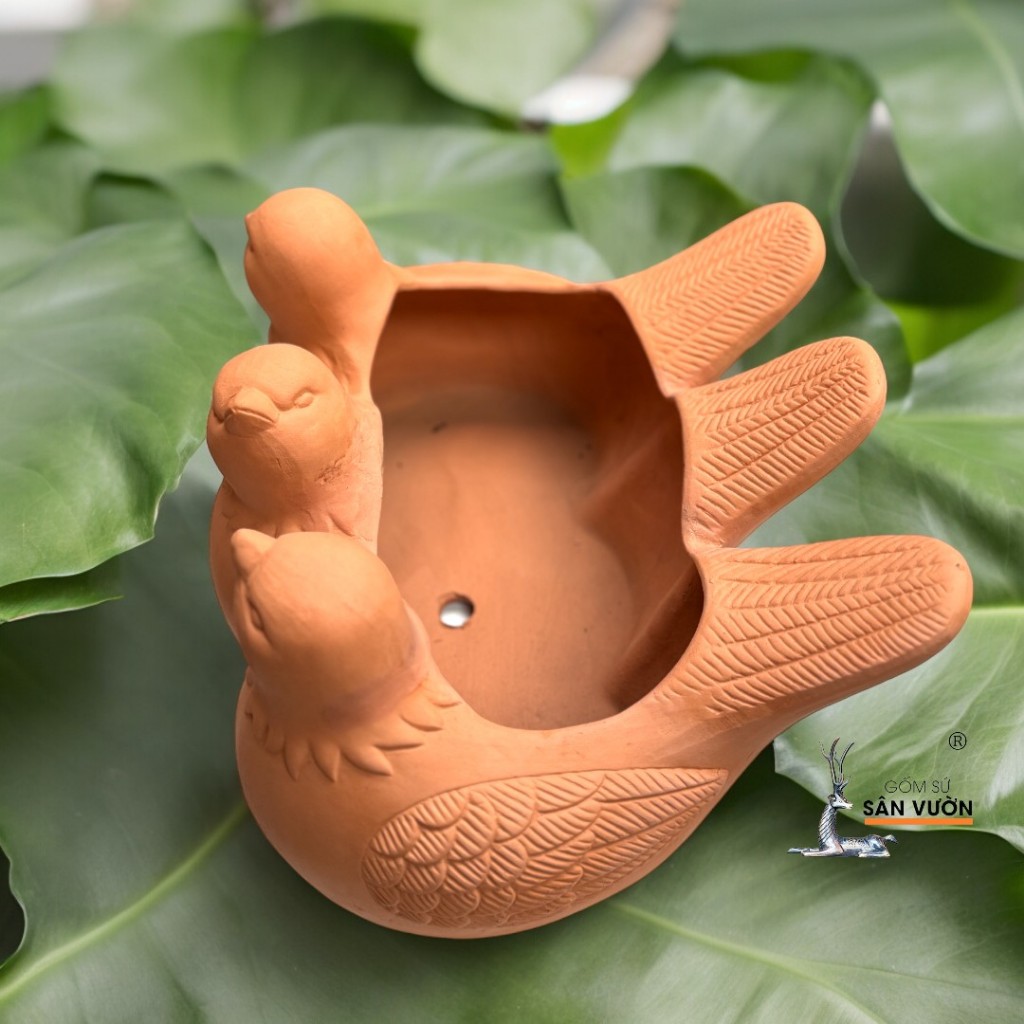 Chậu Gốm Đất Nung Hình 3 Chú Chim - Gốm Sứ Sân Vườn