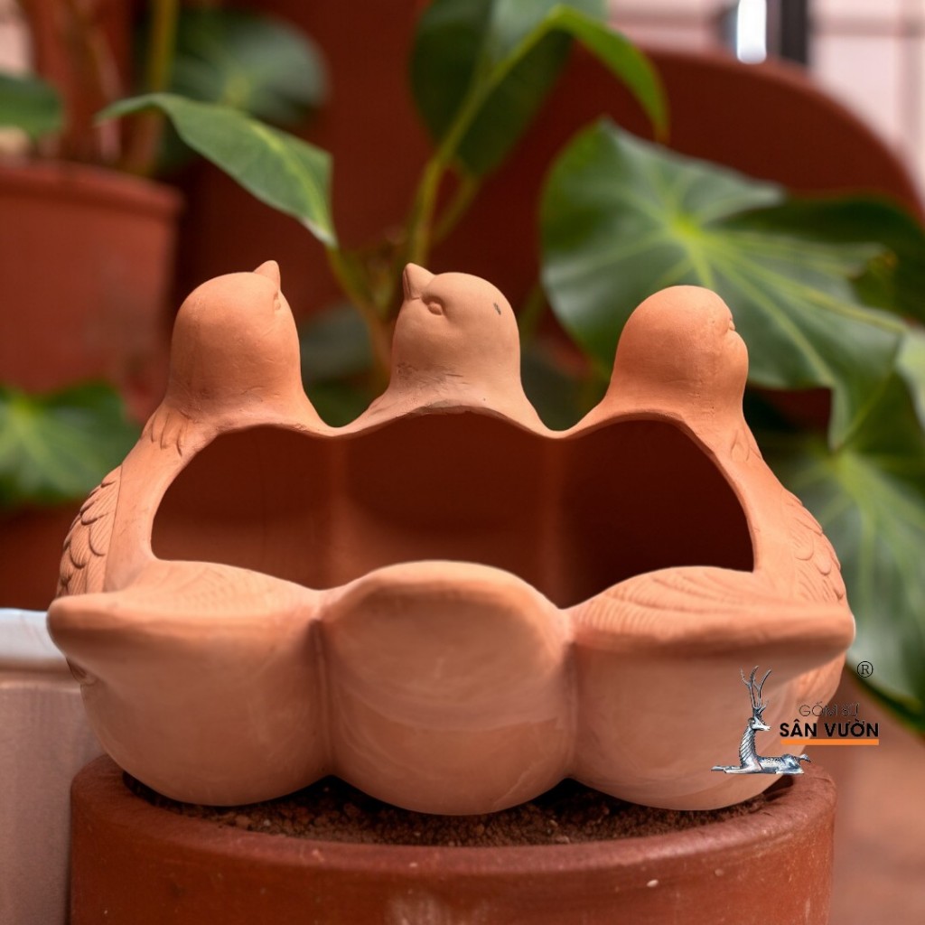 Chậu Gốm Đất Nung Hình 3 Chú Chim - Gốm Sứ Sân Vườn