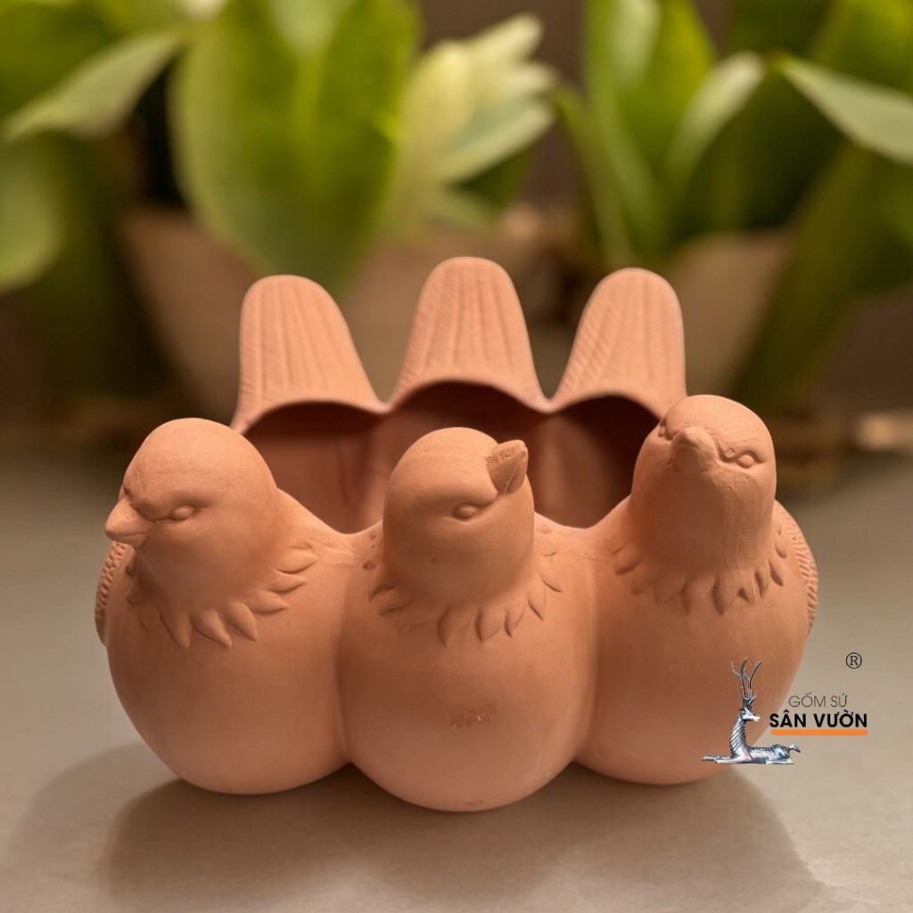 Chậu Gốm Đất Nung Hình 3 Chú Chim - Gốm Sứ Sân Vườn