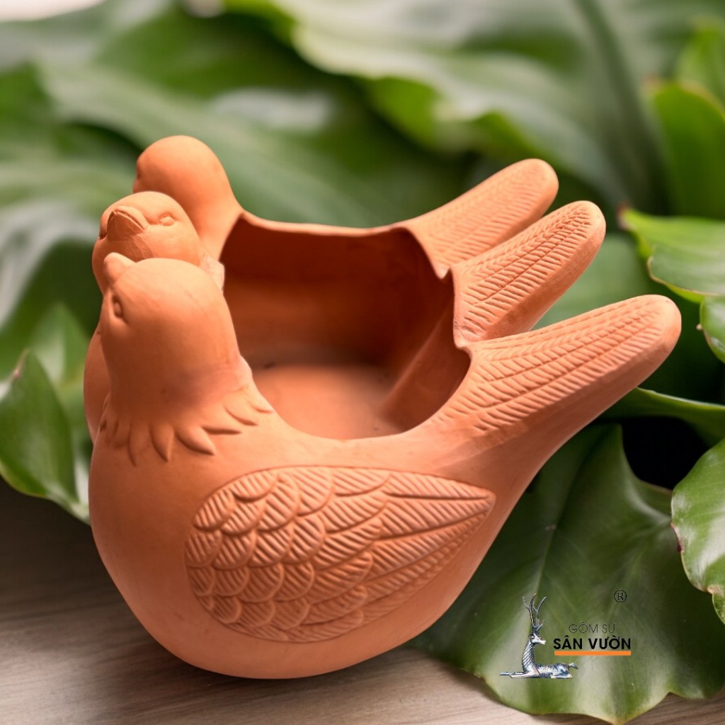 Chậu Gốm Đất Nung Hình 3 Chú Chim - Gốm Sứ Sân Vườn