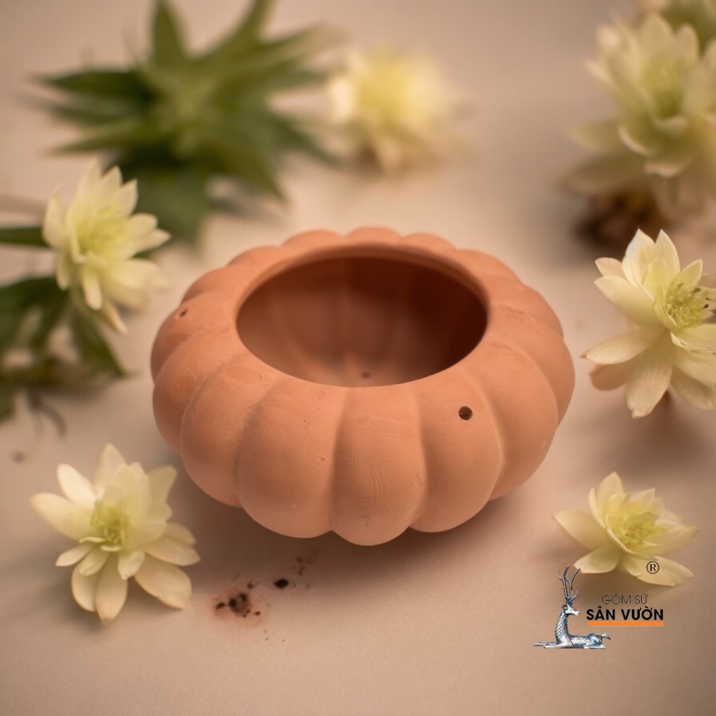 Chậu Treo Dây Gốm Đất Nung Hình Bí Ngô - Gốm Sứ Sân Vườn