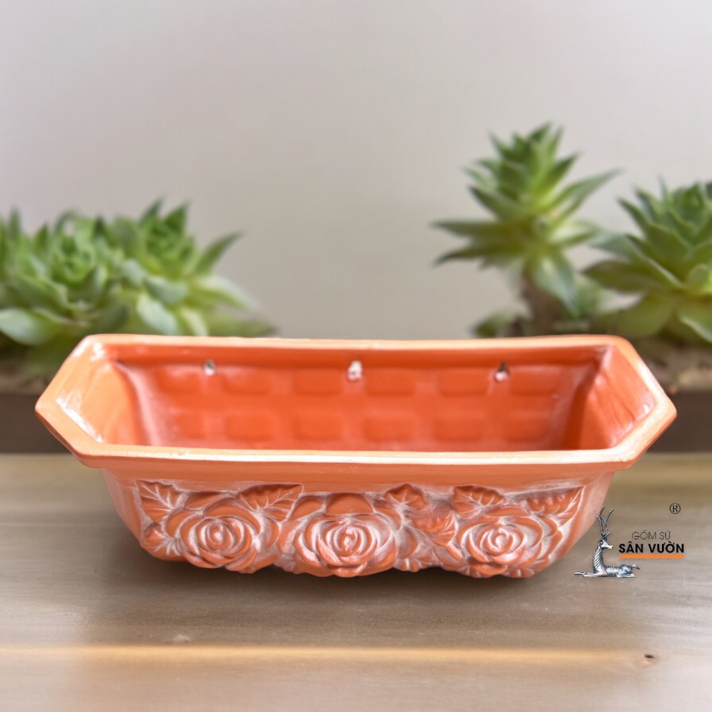 Chậu Treo Ốp Tường Gốm Đất Dáng Chữ Nhật Ngang Vân Hoa Hồng - Gốm Sứ Sân Vườn