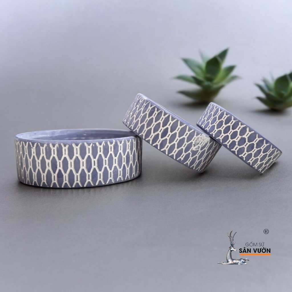 Bộ 3 Chậu Gốm Đất Nung Sọc Caro Và Gốc Cây Sơn Wax Cao Cấp - Gốm Sứ Sân Vườn