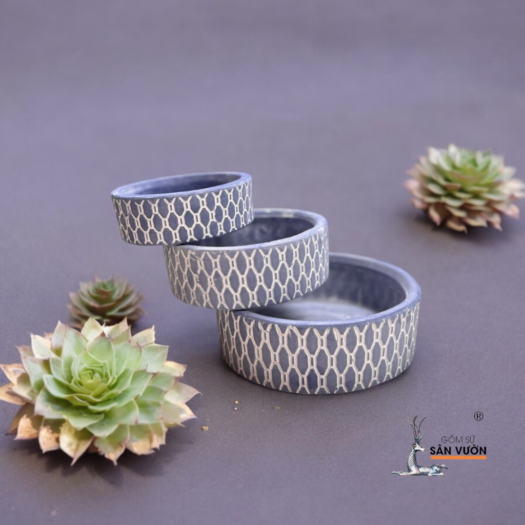 Bộ 3 Chậu Gốm Đất Nung Sọc Caro Và Gốc Cây Sơn Wax Cao Cấp - Gốm Sứ Sân Vườn