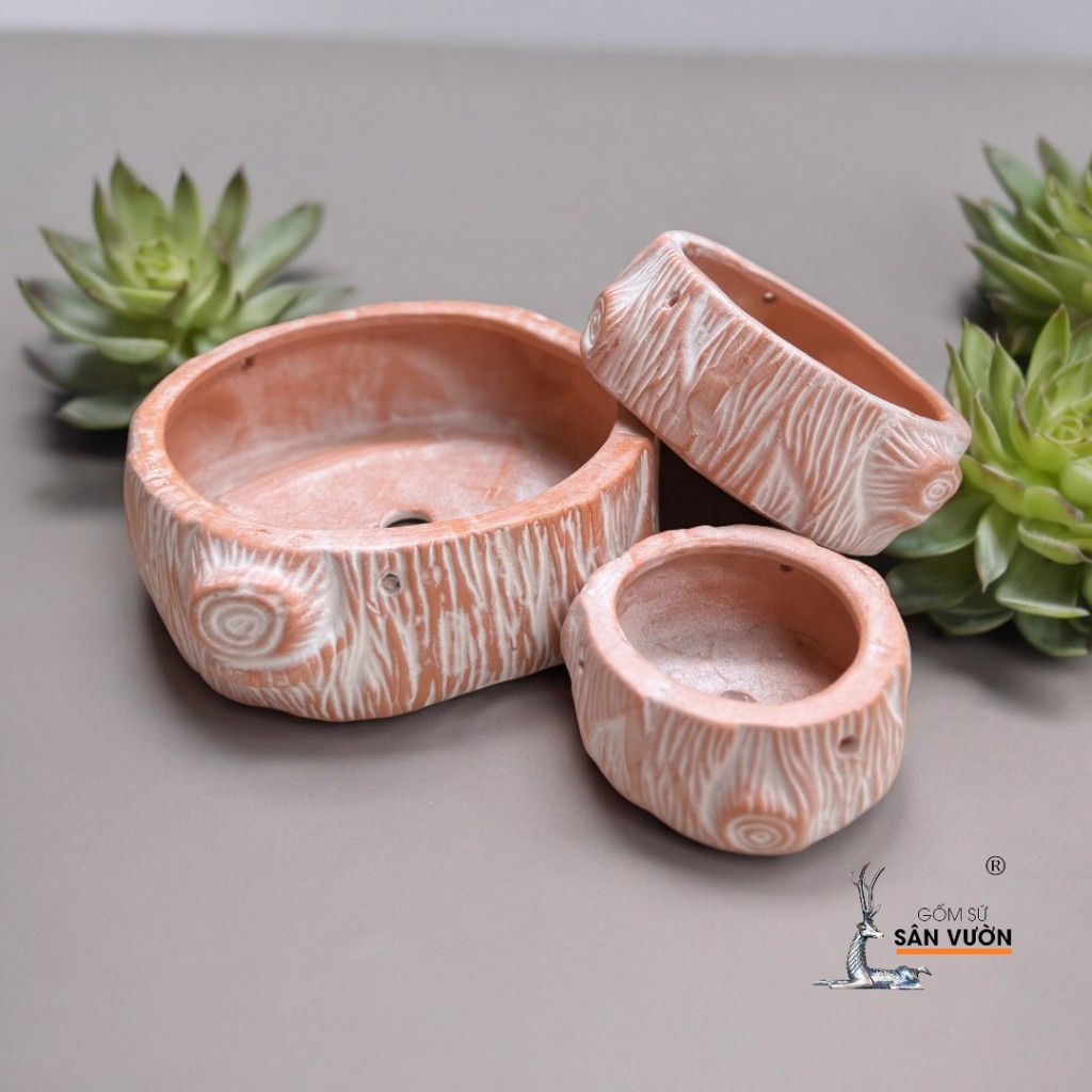 Bộ 3 Chậu Gốm Đất Nung Sọc Caro Và Gốc Cây Sơn Wax Cao Cấp - Gốm Sứ Sân Vườn