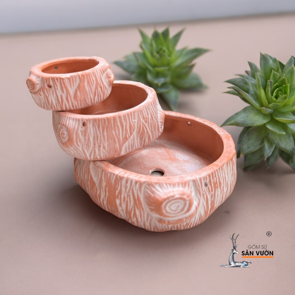 Bộ 3 Chậu Gốm Đất Nung Sọc Caro Và Gốc Cây Sơn Wax Cao Cấp - Gốm Sứ Sân Vườn