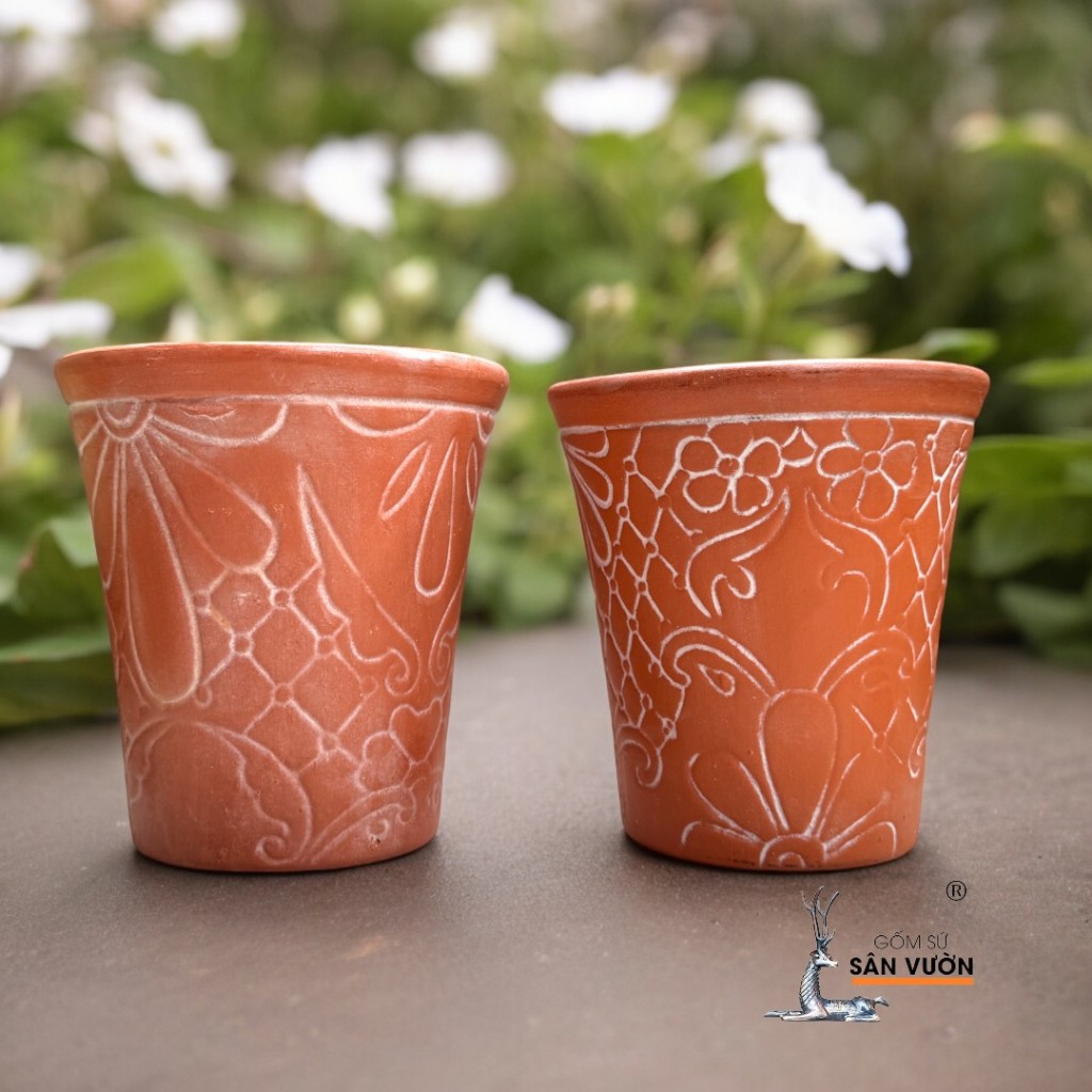 Chậu Gốm Đất Nung Vót Miệng Loe Hoa Văn Chỉ Trắng - Gốm Sứ Sân Vườn