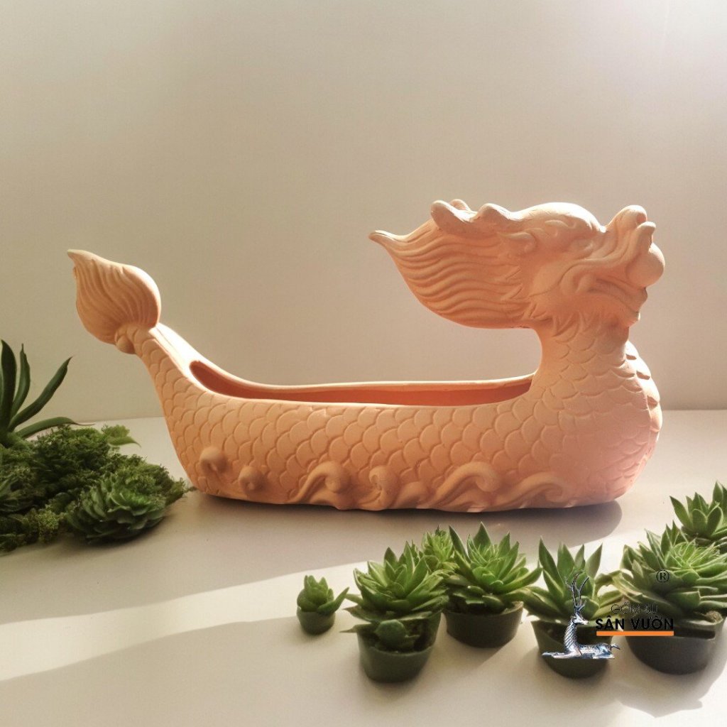 Chậu Gốm Đất Nung Hình Thuyền Rồng - Gốm Sứ Sân Vườn
