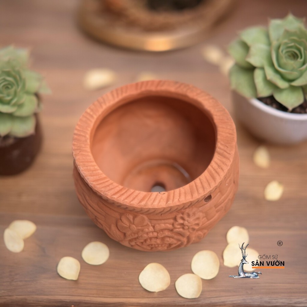 Chậu Treo Dây Gốm Đất Nung Hình Chum Hoa Văn - Gốm Sứ Sân Vườn