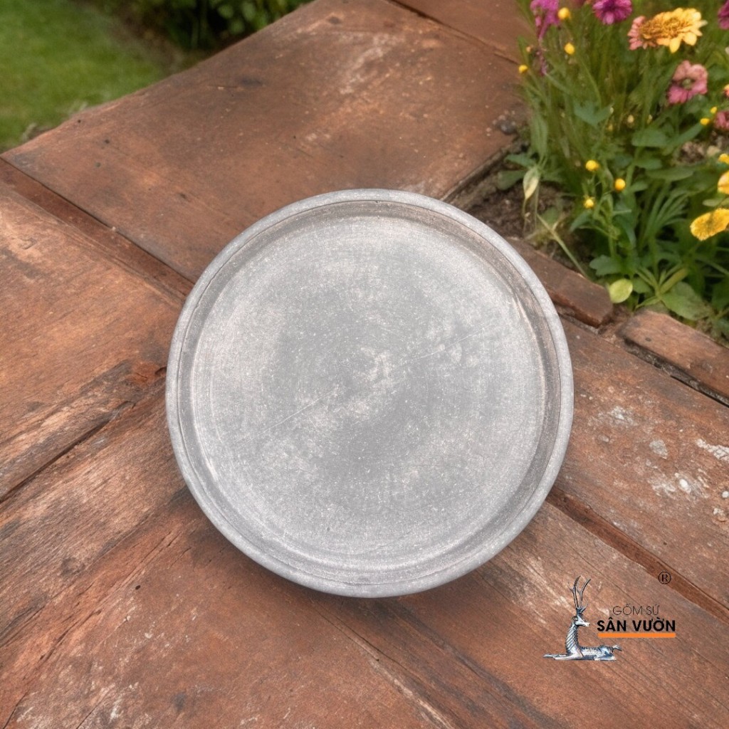 Đĩa Lót Chậu Gốm Đất Nung Sơn Wax Xám - Gốm Sứ Sân Vườn