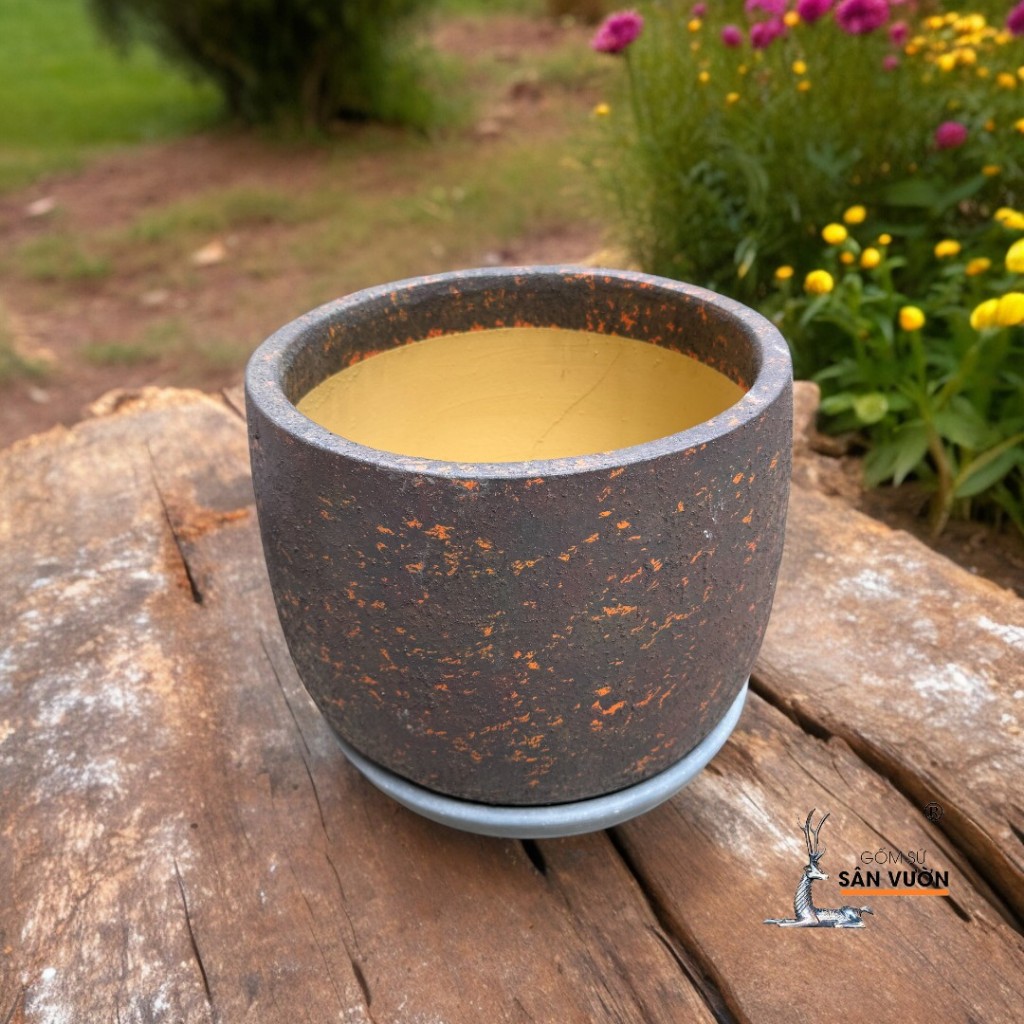 Đĩa Lót Chậu Gốm Đất Nung Sơn Wax Xám - Gốm Sứ Sân Vườn