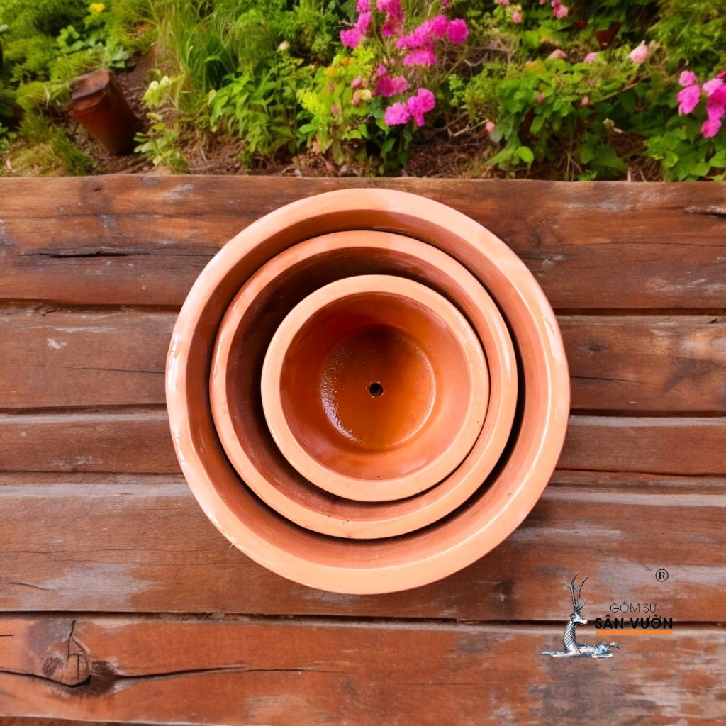 Chậu Gốm Đất Nung Dáng Vót Vân Lá Liễu Sơn Wax - Gốm Sứ Sân Vườn