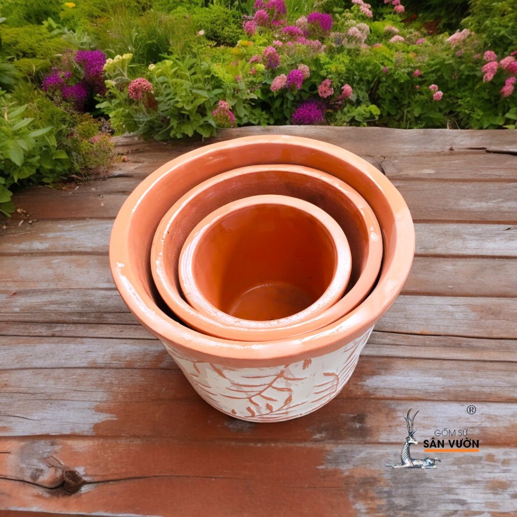 Chậu Gốm Đất Nung Dáng Vót Vân Lá Liễu Sơn Wax - Gốm Sứ Sân Vườn