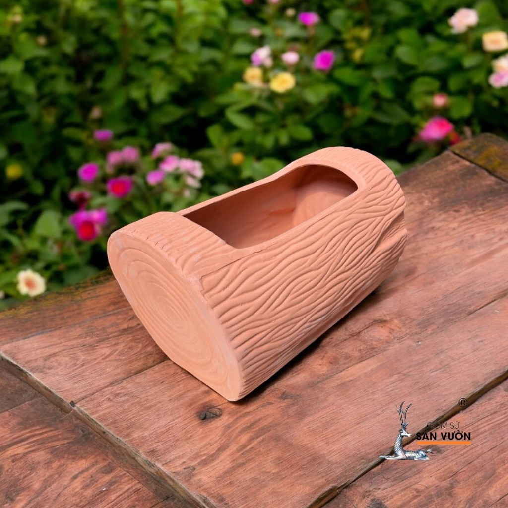 Chậu Gốm Đất Nung Hình Gốc Cây Ngang - Gốm Sứ Sân Vườn