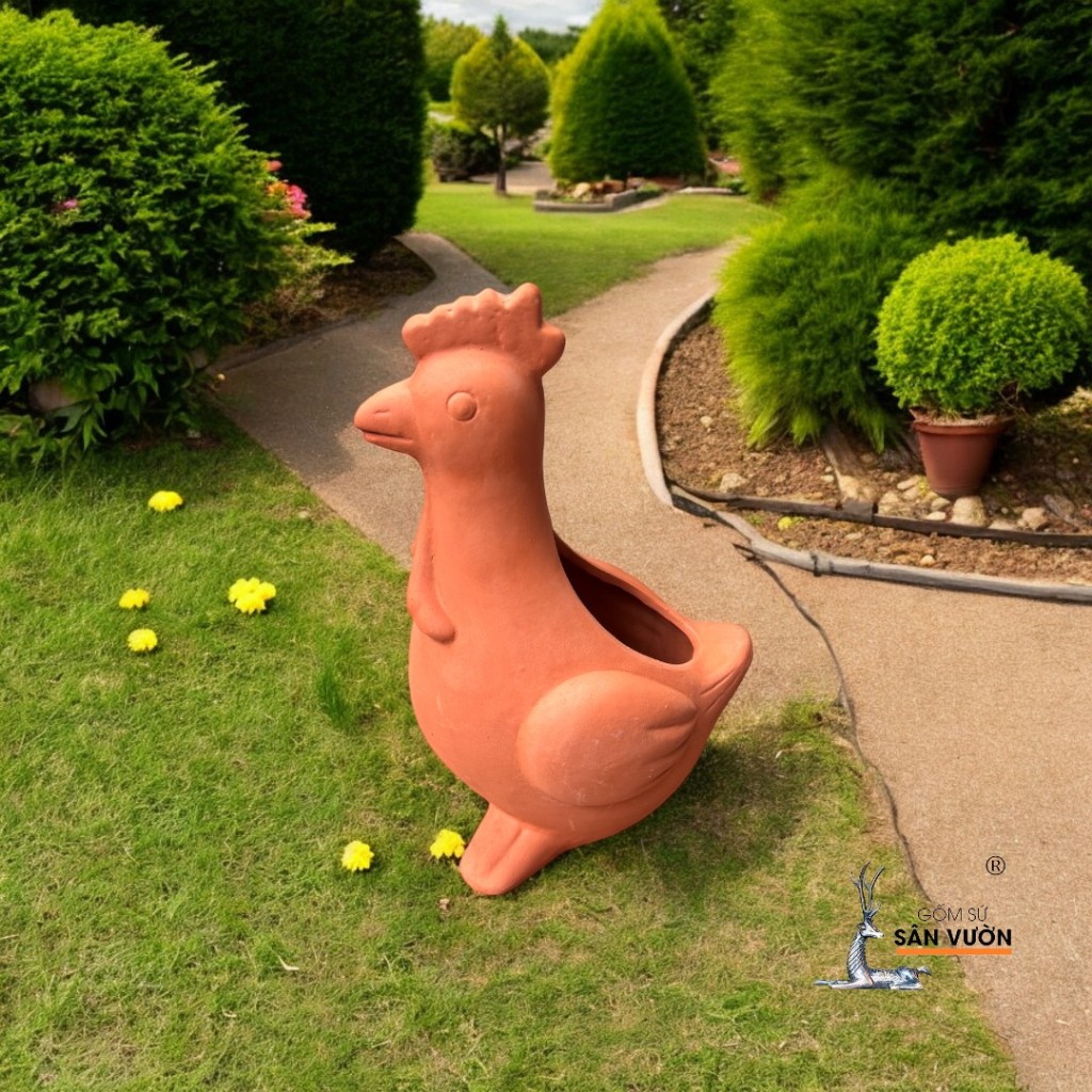 Chậu Gốm Đất Nung Hình Con Gà Trống Rooster - Gốm Sứ Sân Vườn