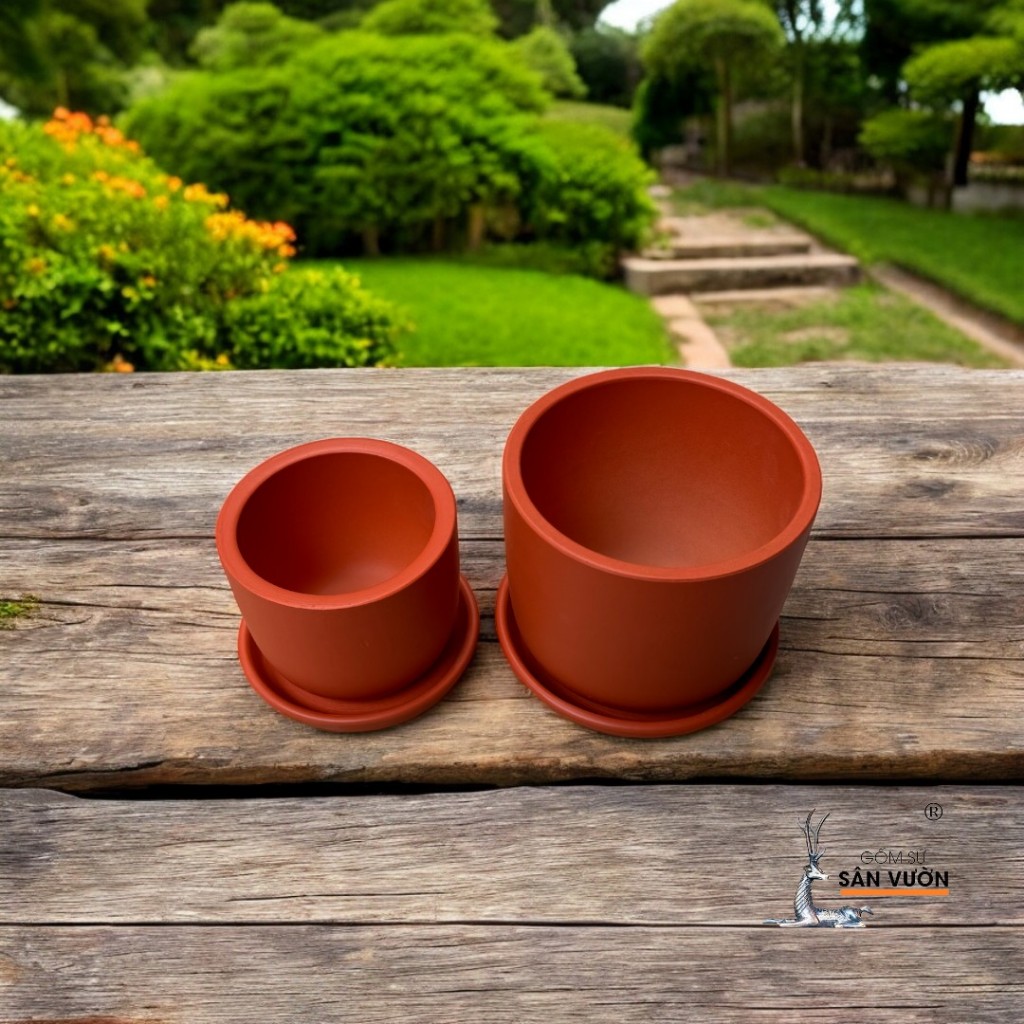 Chậu Gốm Đất Nung Hình Trứng Trơn + Đĩa Lót - Gốm Sứ Sân Vườn