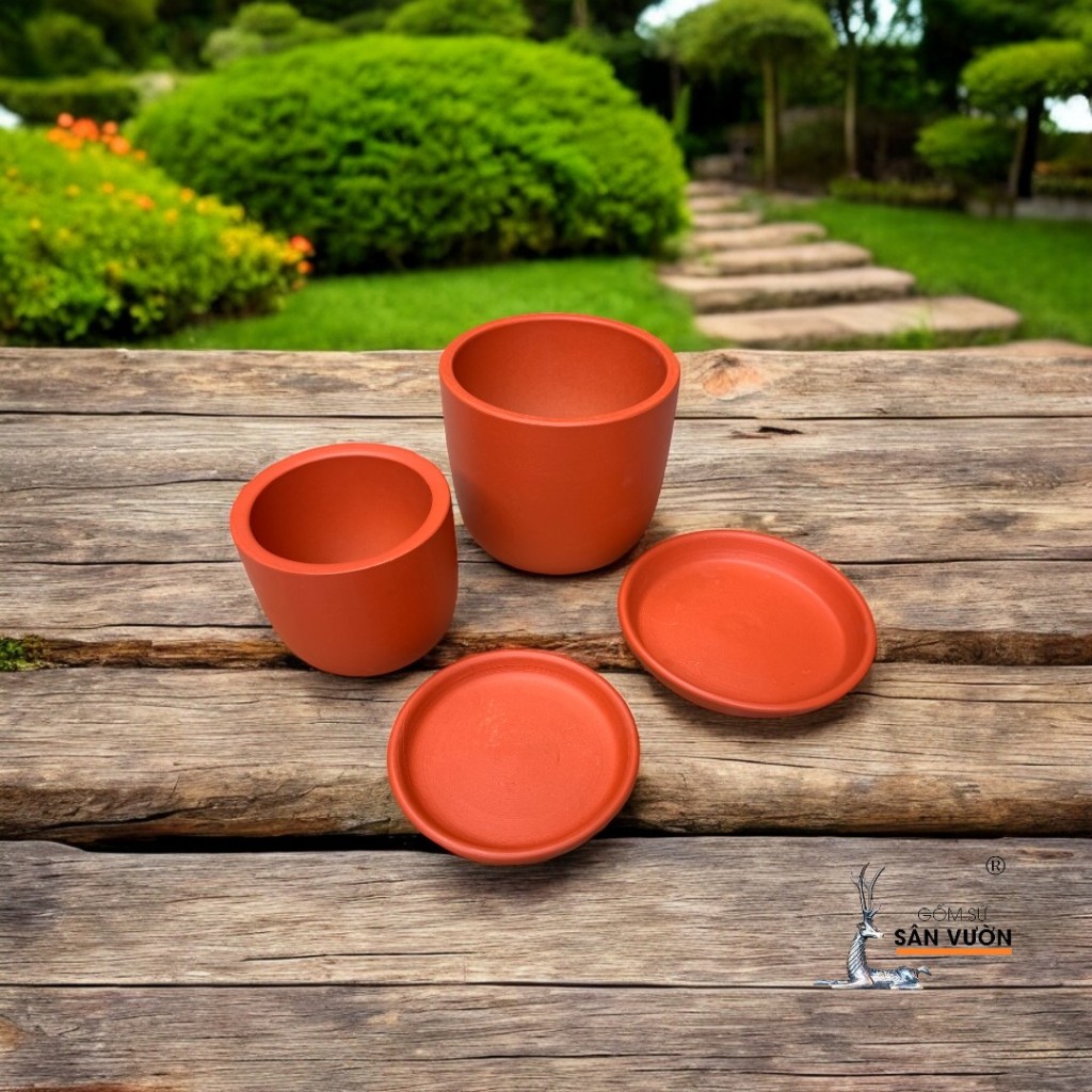 Chậu Gốm Đất Nung Hình Trứng Trơn + Đĩa Lót - Gốm Sứ Sân Vườn