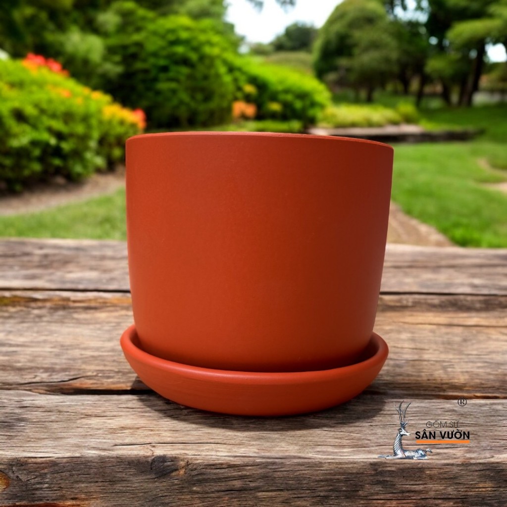 Chậu Gốm Đất Nung Hình Trứng Trơn + Đĩa Lót - Gốm Sứ Sân Vườn