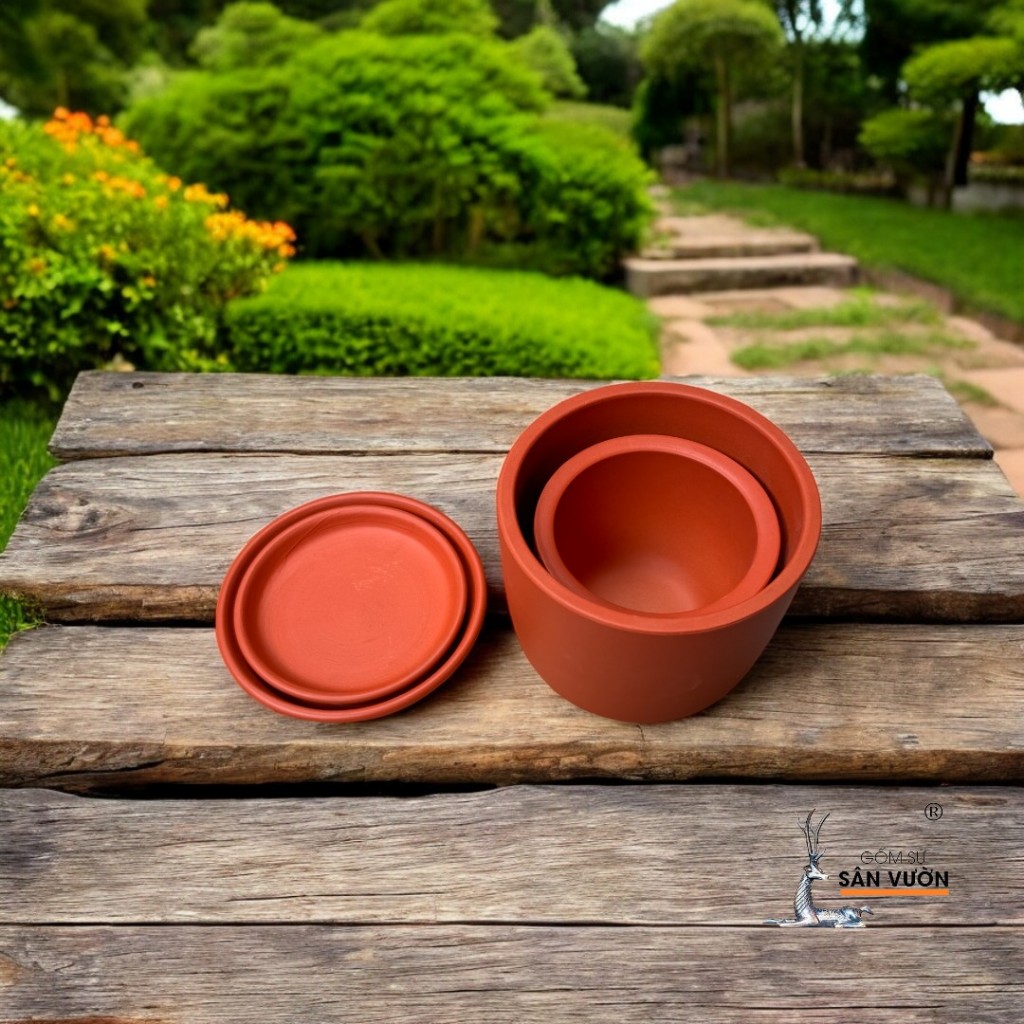 Chậu Gốm Đất Nung Hình Trứng Trơn + Đĩa Lót - Gốm Sứ Sân Vườn