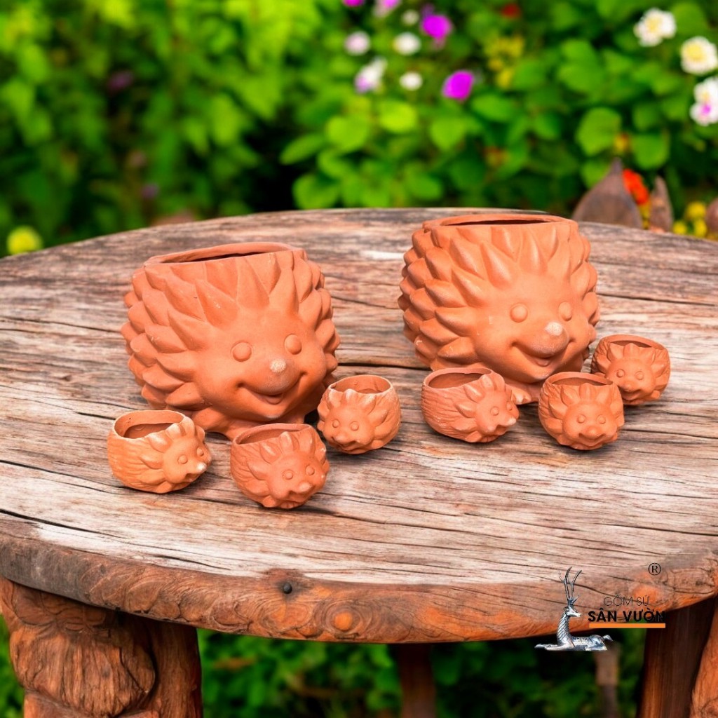 Chậu Gốm Đất Nung Hình Gia Đình Nhím - Gốm Sứ Sân Vườn - Trồng Sen Đá
