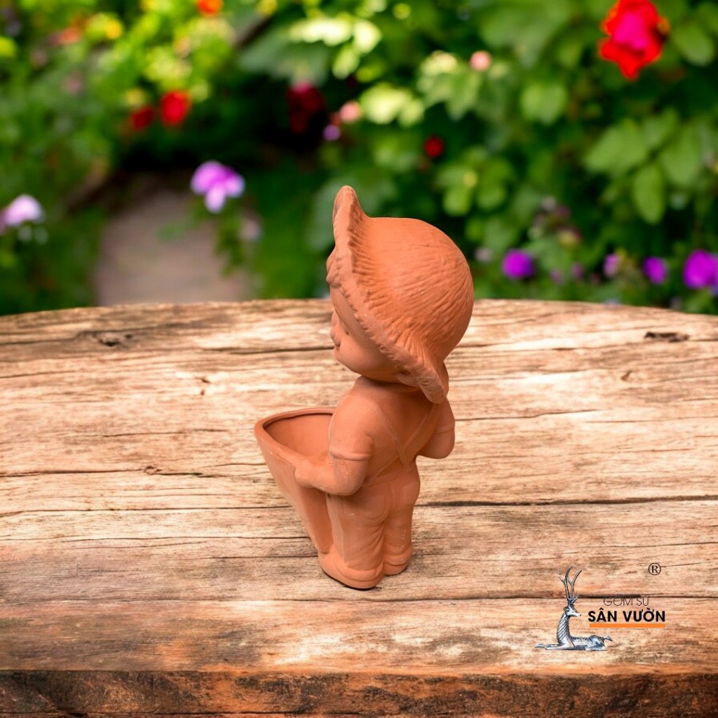 Chậu Gốm Đất Nung Hình Cậu Bé Đẩy Xe - Gốm Sứ Sân Vườn - Chậu Decor Sân Vườn, Tiểu Cảnh
