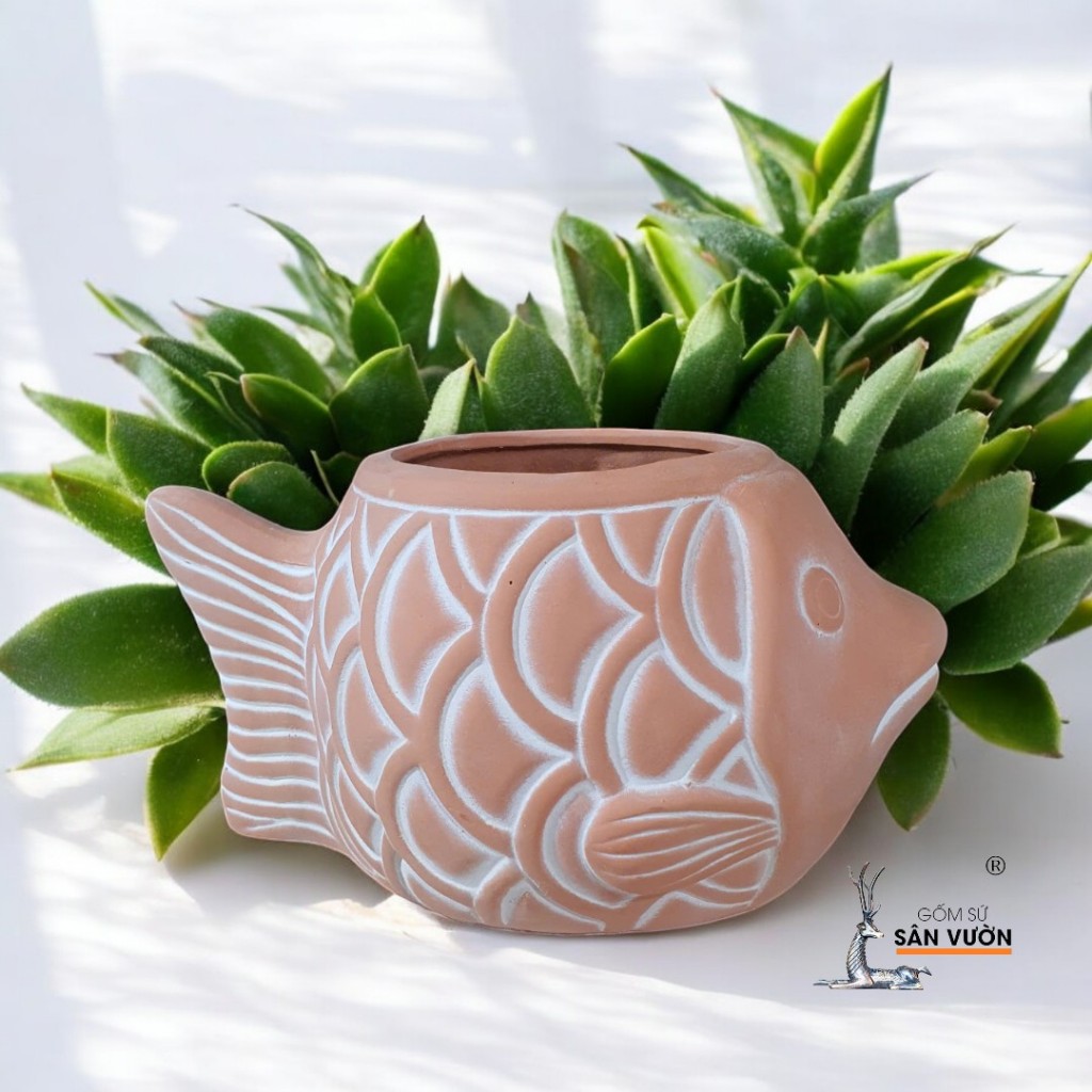 Chậu Gốm Đất Nung Hình Chú Cá - Gốm Sứ Sân Vườn