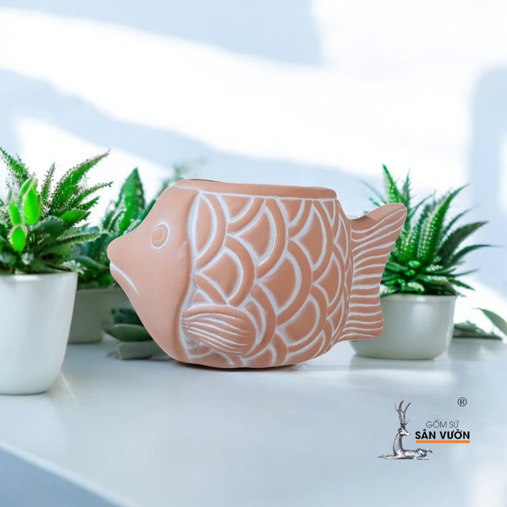 Chậu Gốm Đất Nung Hình Chú Cá - Gốm Sứ Sân Vườn