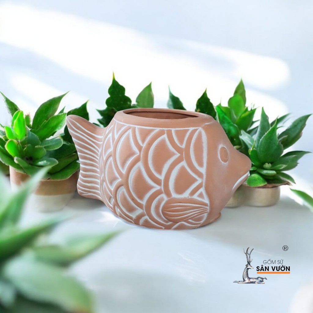 Chậu Gốm Đất Nung Hình Chú Cá - Gốm Sứ Sân Vườn
