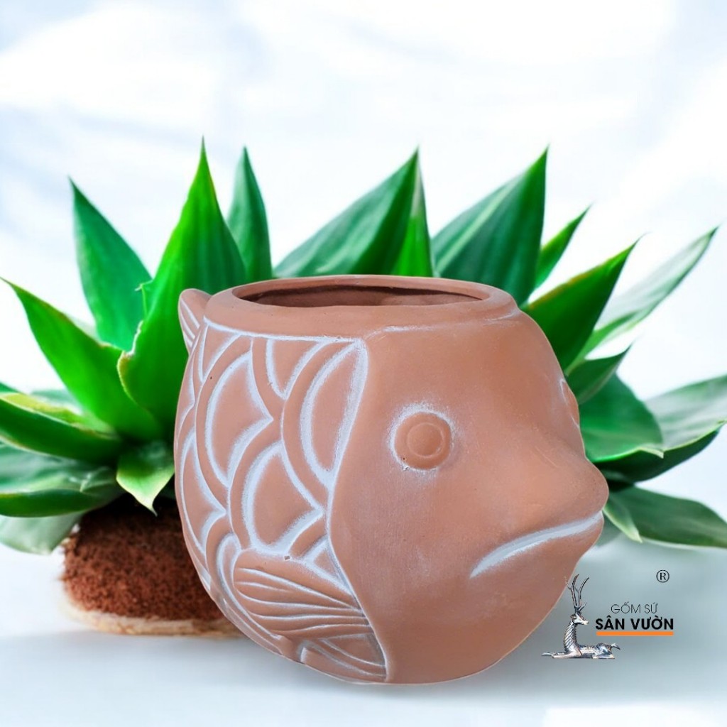 Chậu Gốm Đất Nung Hình Chú Cá - Gốm Sứ Sân Vườn