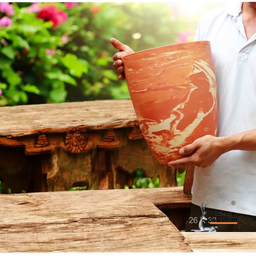 Chậu Đất Nung Size To Dáng Vót Loang Trồng Kiểng Lá - Gốm Sứ Sân Vườn