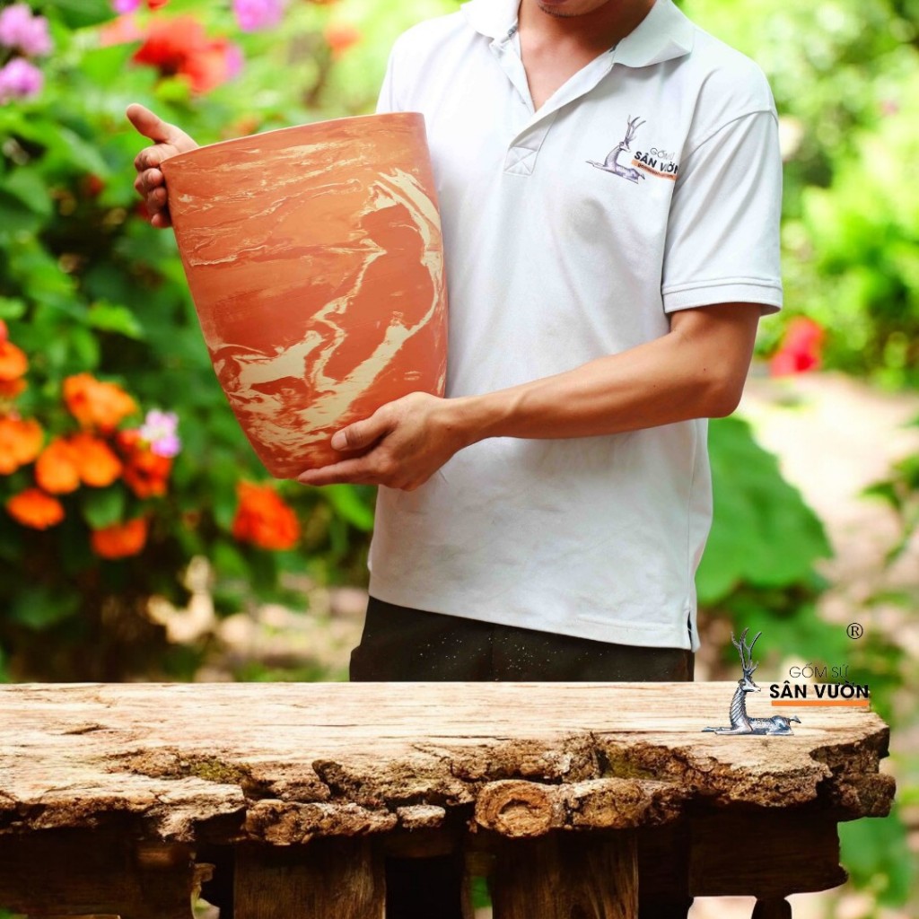 Chậu Đất Nung Size To Dáng Vót Loang Trồng Kiểng Lá - Gốm Sứ Sân Vườn