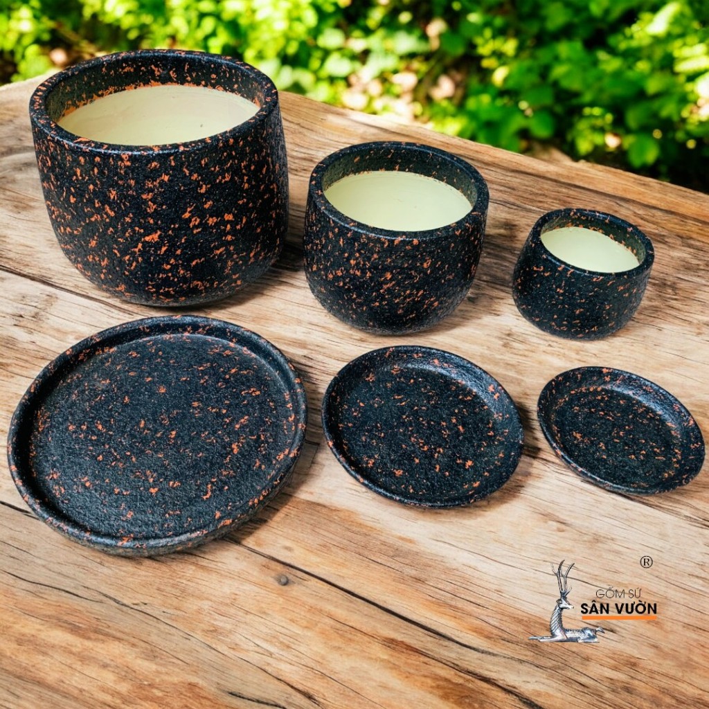 Combo Chậu Gốm Đất Nung Dáng Nồi Sơn Wax Và Đĩa Lót Cùng Màu - Gốm Sứ Sân Vườn