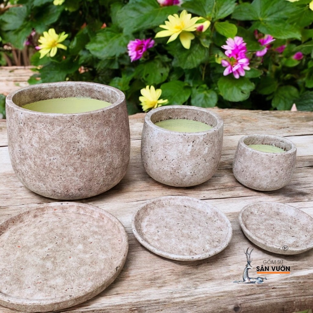 Combo Chậu Gốm Đất Nung Dáng Nồi Sơn Wax Và Đĩa Lót Cùng Màu - Gốm Sứ Sân Vườn