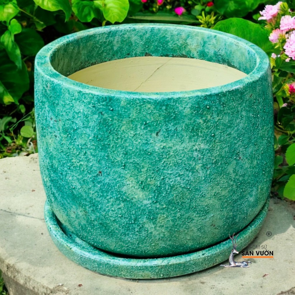Combo Chậu Gốm Đất Nung Dáng Nồi Sơn Wax Và Đĩa Lót Cùng Màu - Gốm Sứ Sân Vườn