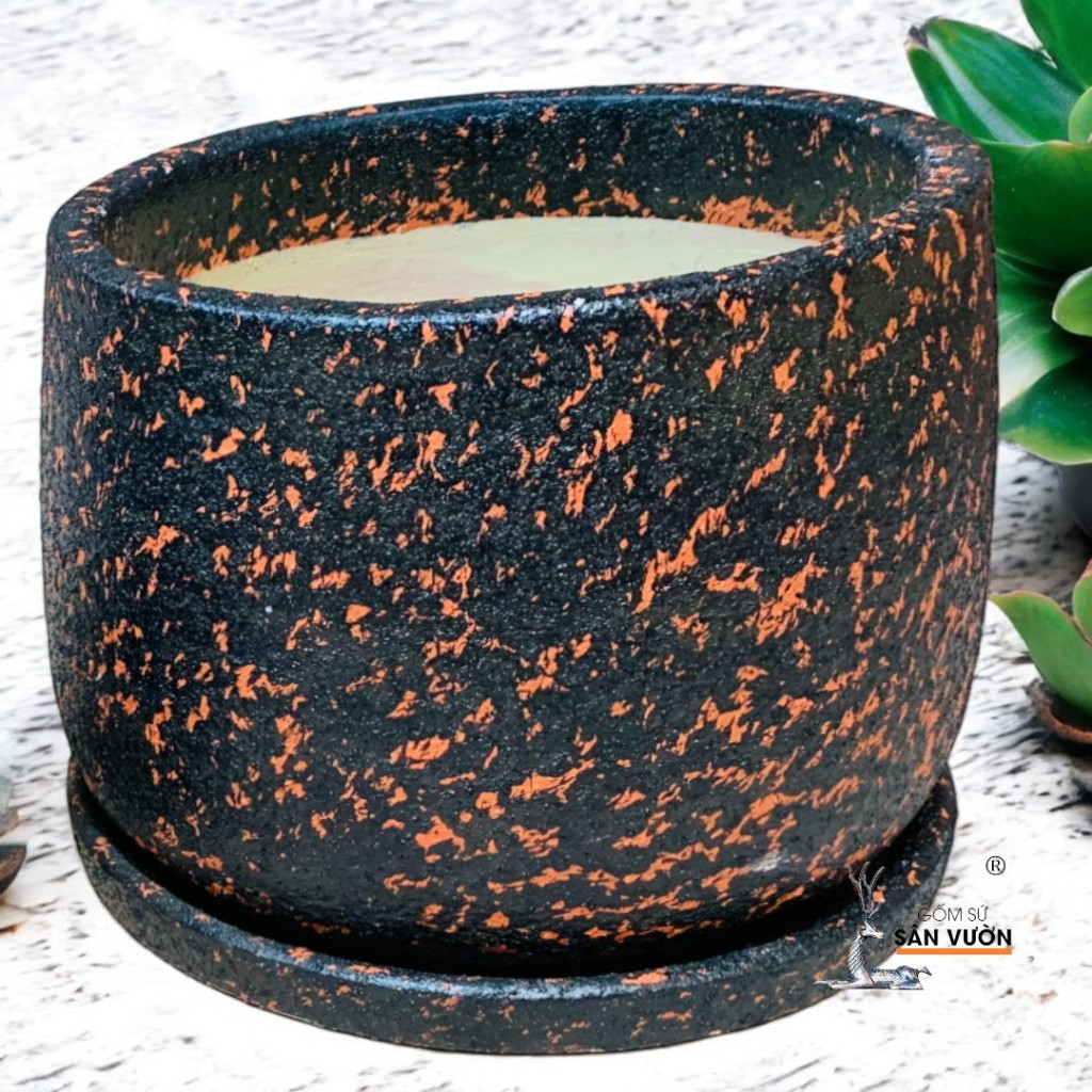 Combo Chậu Gốm Đất Nung Dáng Nồi Sơn Wax Và Đĩa Lót Cùng Màu - Gốm Sứ Sân Vườn