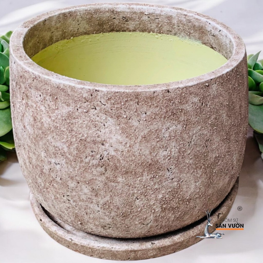 Combo Chậu Gốm Đất Nung Dáng Nồi Sơn Wax Và Đĩa Lót Cùng Màu - Gốm Sứ Sân Vườn