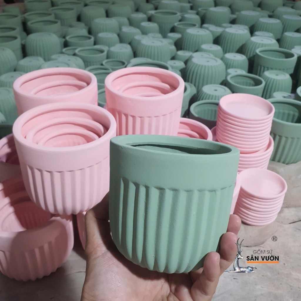 Combo Đĩa Lót Và Chậu Gốm Đất Nung Hình Trái Khế Sơn Màu Pastel - Gốm Sứ Sân Vườn